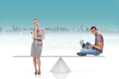 White scales weighing businesswoman and man