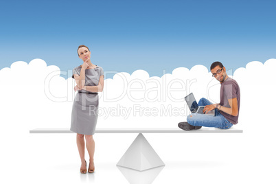 White scales weighing businesswoman and man