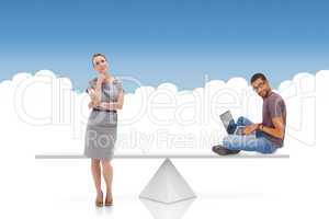 White scales weighing businesswoman and man
