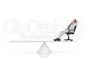 White scales measuring businessman in swivel chair