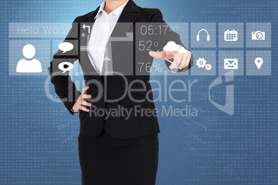 Businesswoman in suit pointing finger to app menu