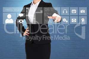 Businesswoman in suit pointing finger to app menu