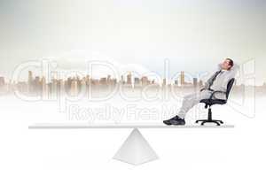 White scales weighing businessman on chair