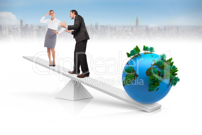 White scales weighing business people and earth