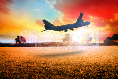 Composite image of airplane taking off