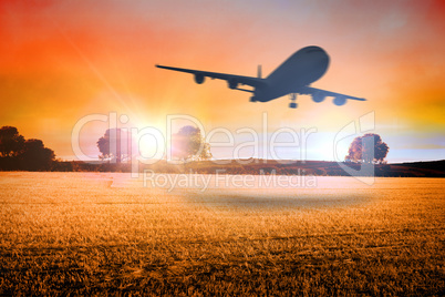 Composite image of airplane taking off