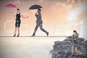 Young business woman pulling a tightrope for business people