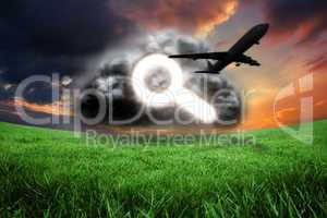 Composite image of magnifying glass in grey cloud with airplane