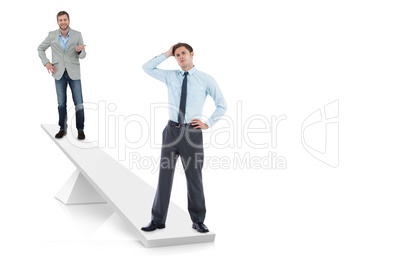 White scales weighing two businessmen