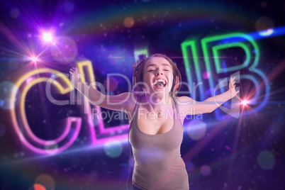 Composite image of pretty girl listening to music