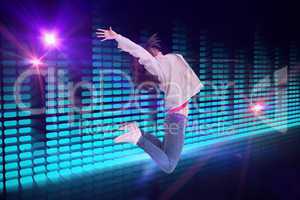 Composite image of cheerful young woman jumping