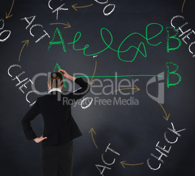 Composite image of young businesswoman standing and thinking