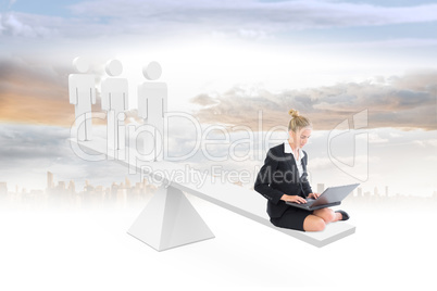 Scales weighing businesswoman using laptop and stick men