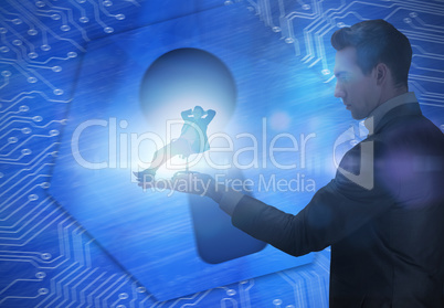 Composite image of businessman holding business man in swivel ch