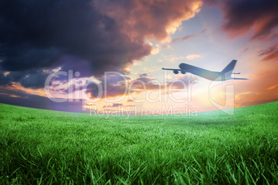 Composite image of airplane taking off