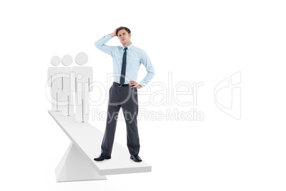 Scales weighing thoughtful businessman and stick men
