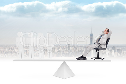 Scales weighing businessman on swivel chair and stick men