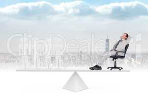 Scales weighing businessman on swivel chair and stick men