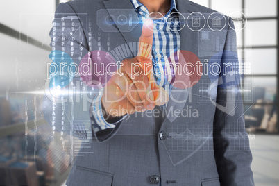 Businessman touching the words product promotion on interface