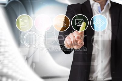 Composite image of businessman standing and pointing at menu