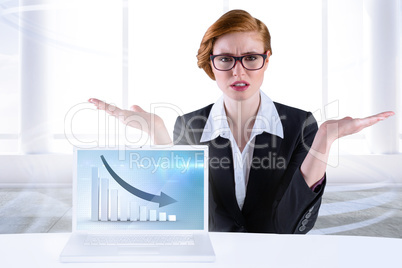 Composite image of businesswoman holding hand out in presentatio