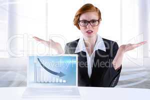 Composite image of businesswoman holding hand out in presentatio