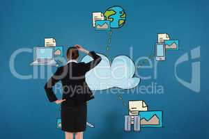 Composite image of young businesswoman standing and thinking