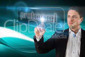 Businessman pointing to word protocol