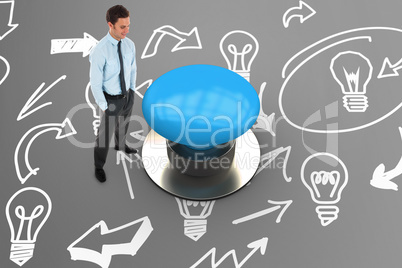 Composite image of happy businessman standing with hands in pock