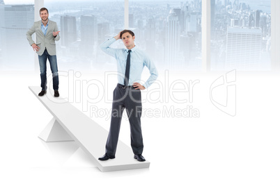 White scales weighing two businessmen