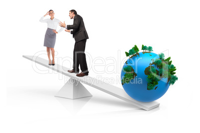 White scales measuring business people and earth