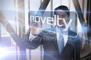 Businessman presenting the word novelty