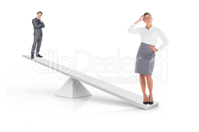 White scales weighing businessman and businesswoman