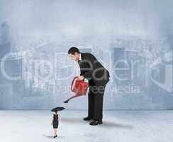 Composite image of businessman watering tiny businesswoman