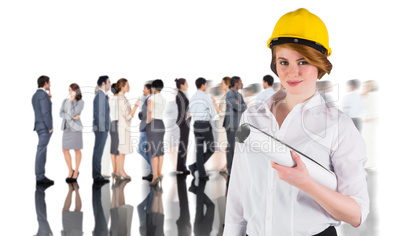 Composite image of pretty young architect smiling at camera Composite image of pretty young architect smiling at camera