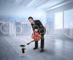 Composite image of businessman watering tiny businesswoman