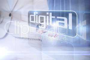 Businesswoman pointing to word digital