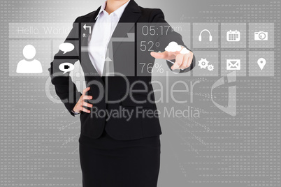 Businesswoman in suit pointing finger to app menu