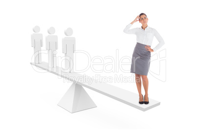 Scales weighing thoughtful businesswoman and stick men