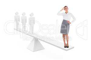 Scales weighing thoughtful businesswoman and stick men