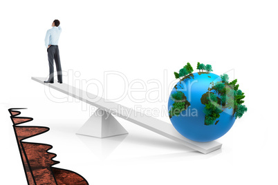 White scales weighing businessman and earth