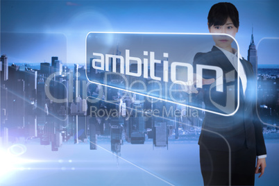 Businesswoman pointing to the word ambition
