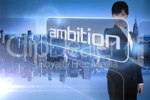 Businesswoman pointing to the word ambition