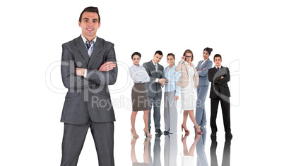 Composite image of businessman in grey suit smiling at camera