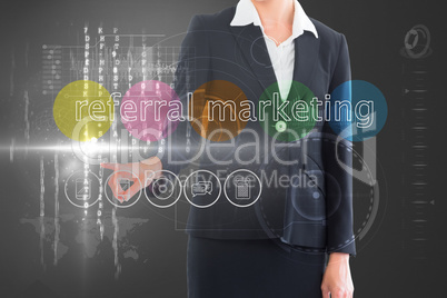 Businesswoman touching the words referral marketing on interface