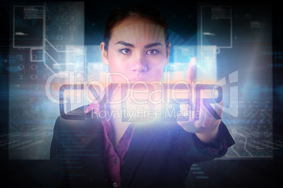 Businesswoman pointing to the word cyber