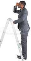 Businessman standing on ladder looking