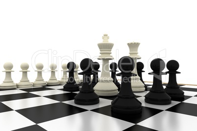 White king and queen surrounded by black pawns