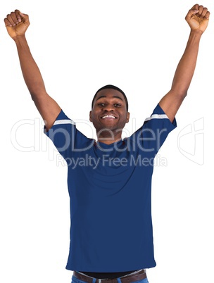 Cheering football fan in blue jersey