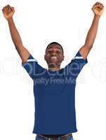 Cheering football fan in blue jersey